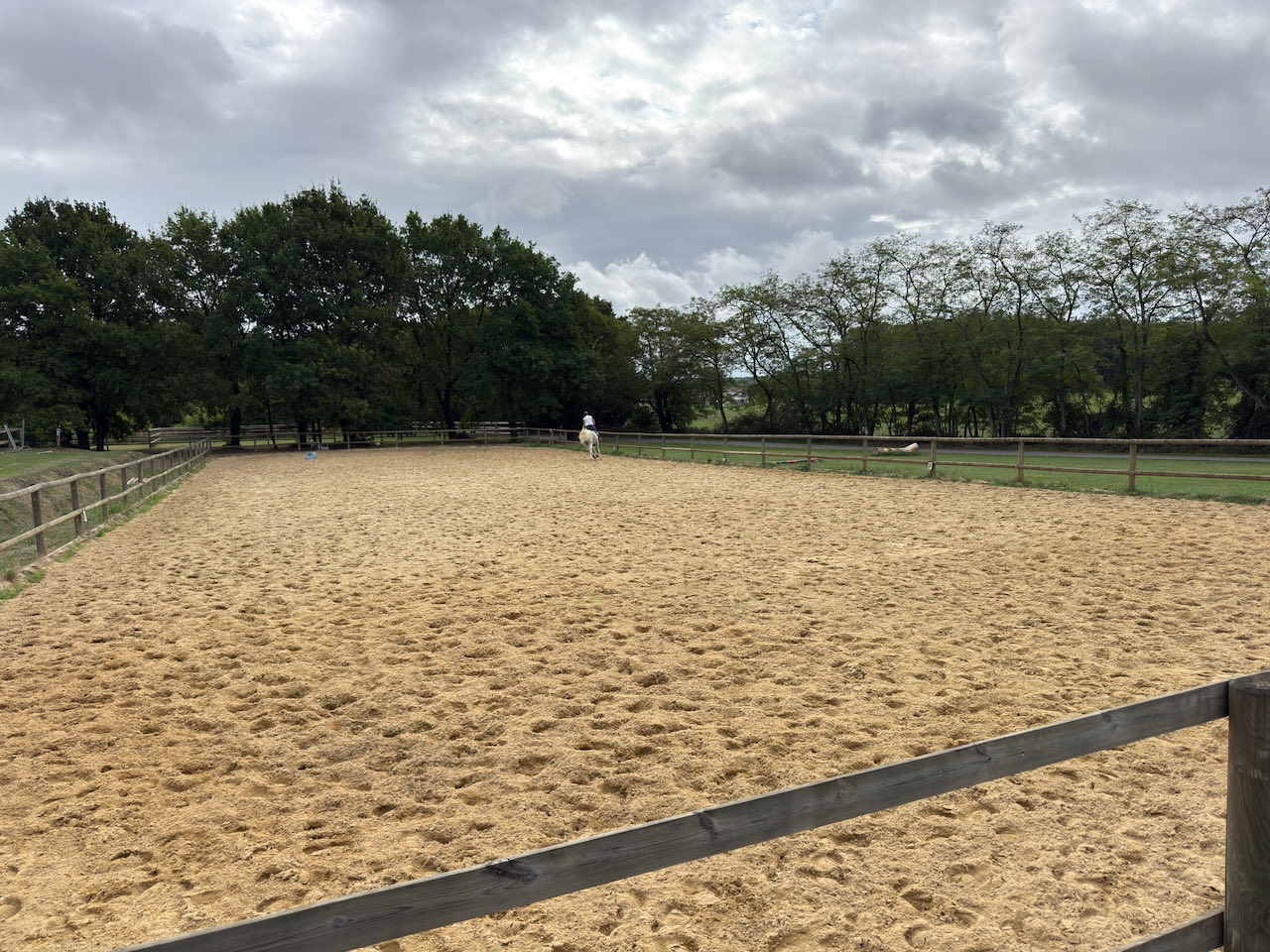 Carrière de 60 m sur 20 m en sable, clôturée de lisses en bois, au Centre Équestre de Venat