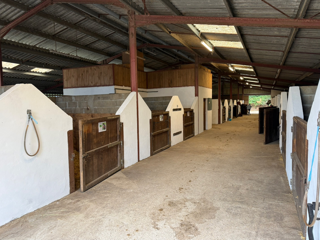 Allée intérieure d'une écurie du Centre Équestre de Venat, avec ses boxes en bois